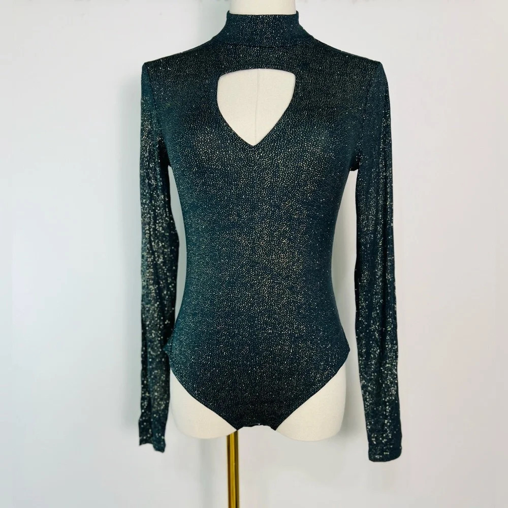 Chaser Glitter Jersey Bodysuit Evergreen Long Sleeved Keyhole Open Back Size M